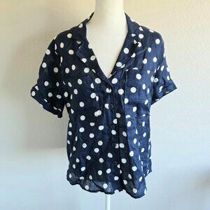 NEW Maeve Anthropologie Linen Blouse Button Up Shirt Navy White Polka Dot Size S